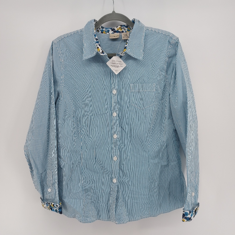 L.L. Bean Striped Button Up Blue/White Shirt Floral Neck/Cuffs Oxford Shirt Sz L